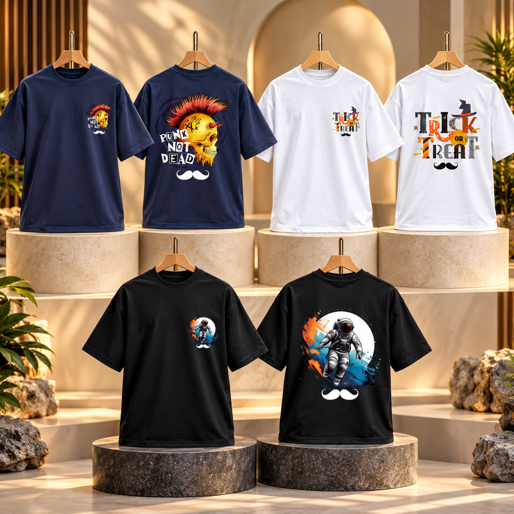 BHOKALS Men's Oversized Printed T-Shirt Combo Pack of 3 – Blue Punk, White Trick N Treat & Black Astronaut Graphic Tees