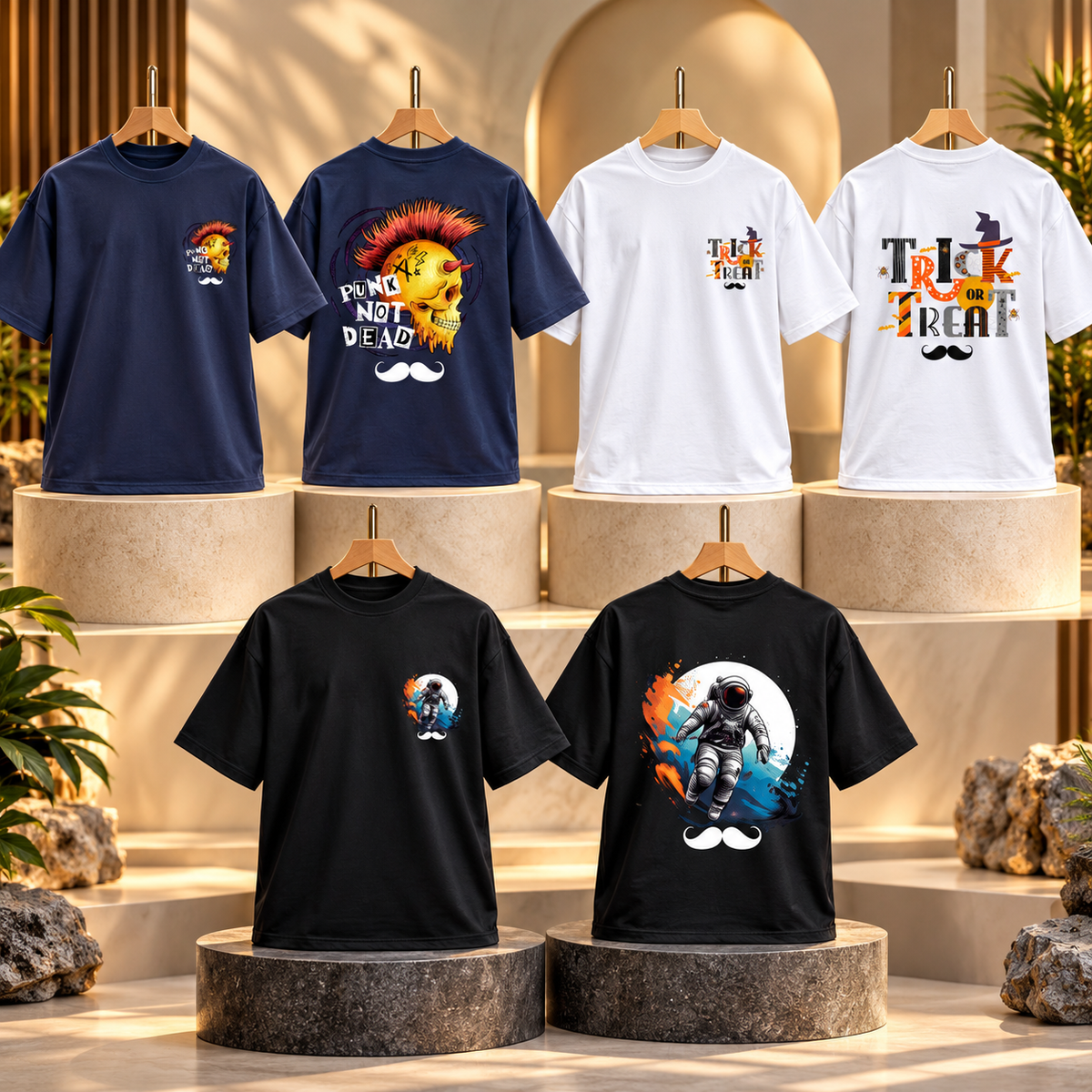 BHOKALS Men's Oversized Printed T-Shirt Combo Pack of 3 – Blue Punk, White Trick N Treat & Black Astronaut Graphic Tees
