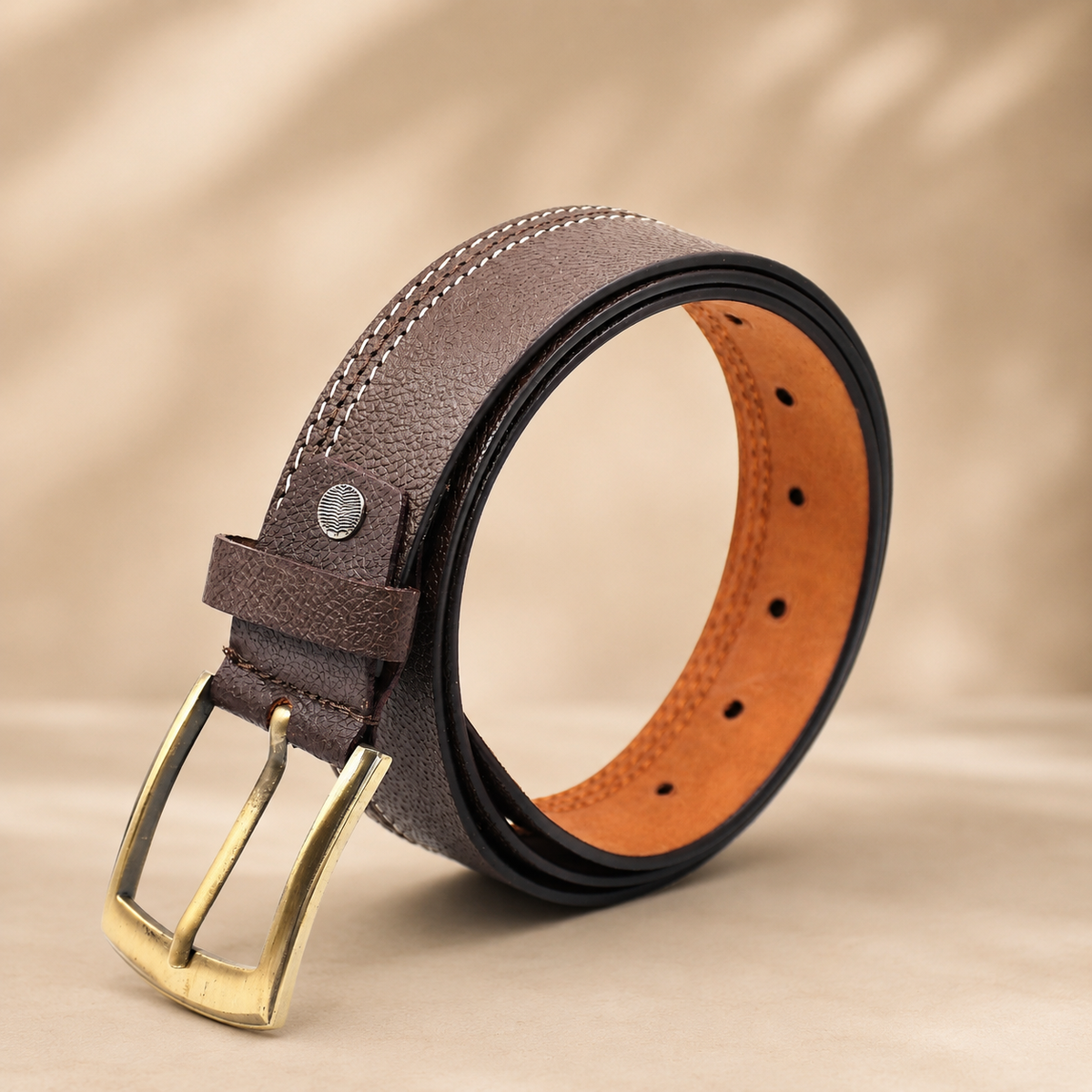 Men Brown Side Thread Leather  Belt
