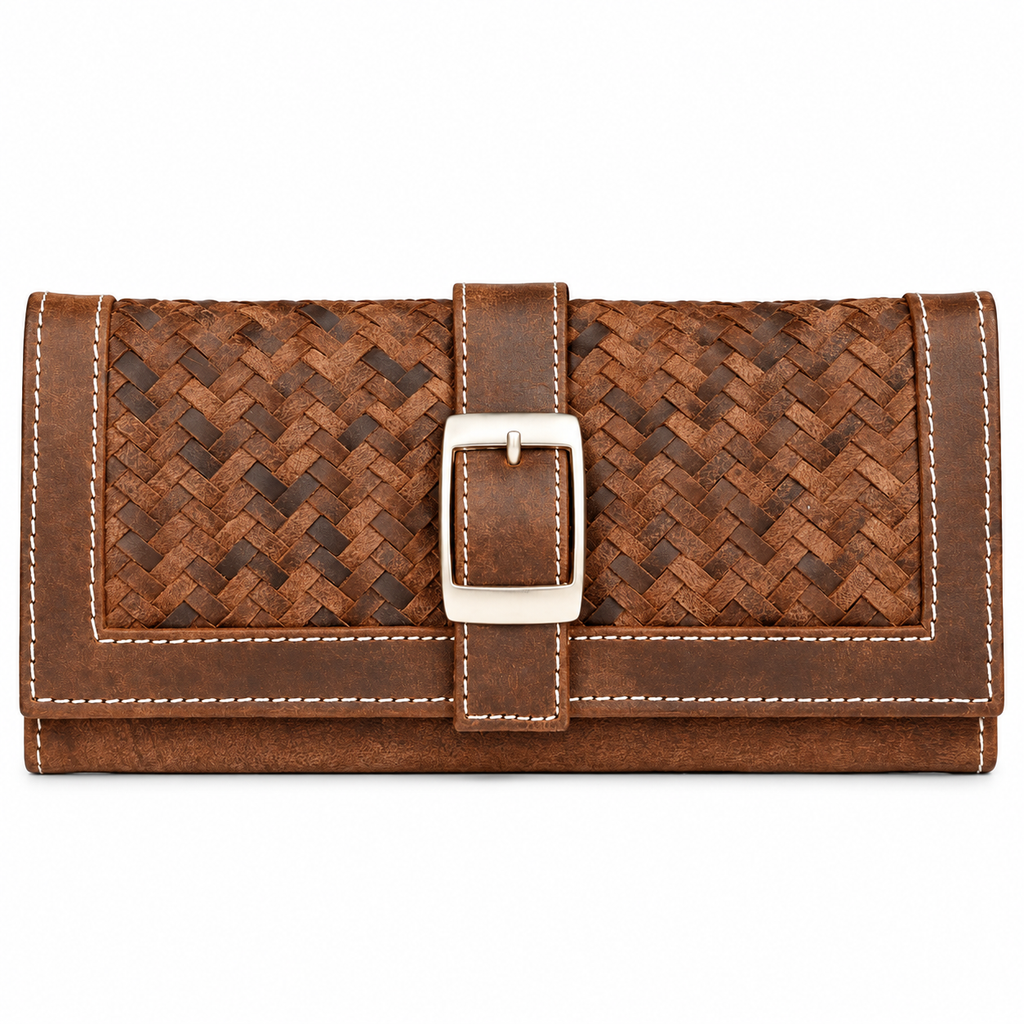 Leather Brown weave Buckle women Wallet