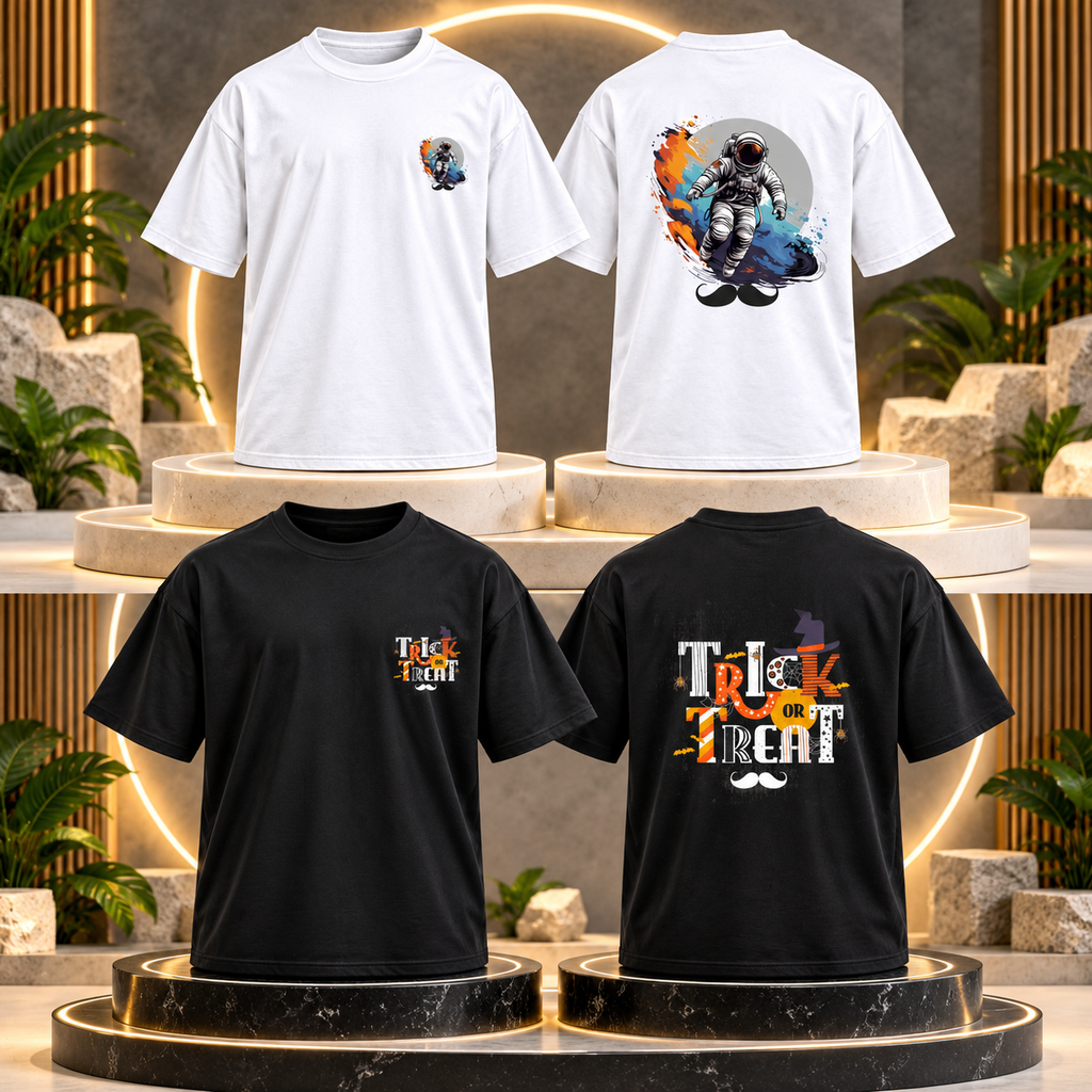 BHOKALS Men's Oversized Printed T-Shirt Combo Pack of 2 – White Astronaut & Black Trick N Treat Graphic Tees