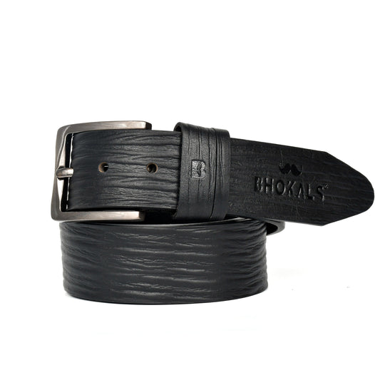 Bhokals Men Black  Wood Texture Leather Belt