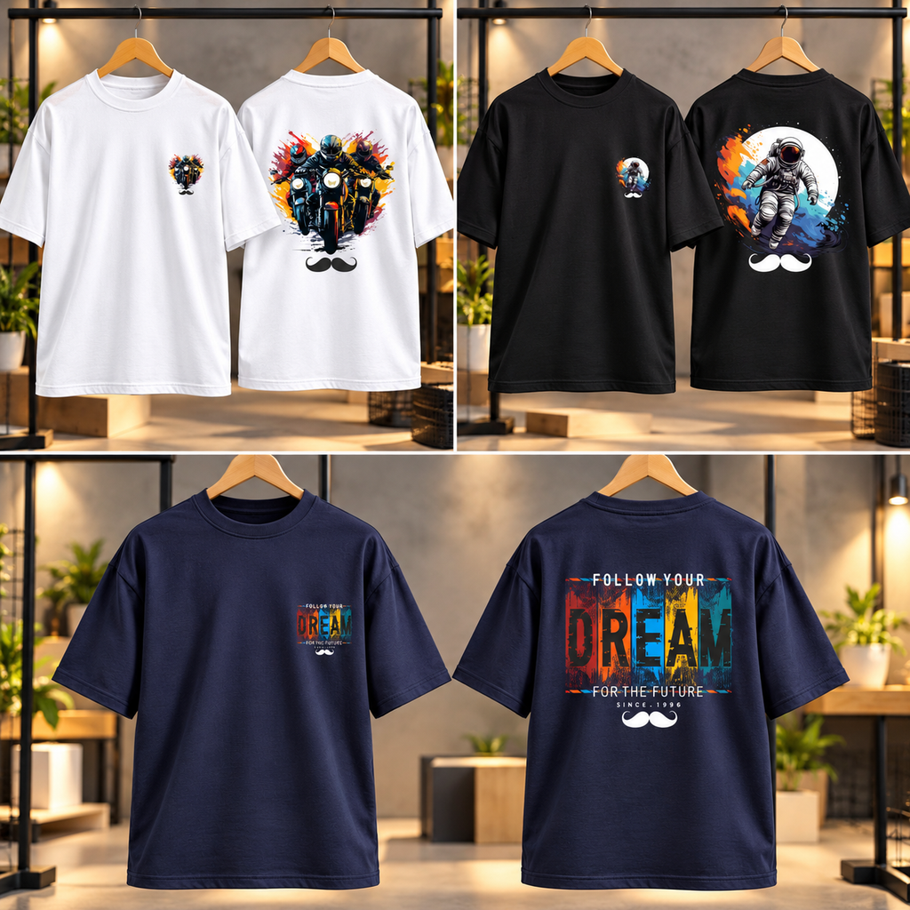 BHOKALS Men's Oversized Printed T-Shirt Combo Pack of 3 – White Biker, Black Astronaut & Blue Dream Graphic Tees
