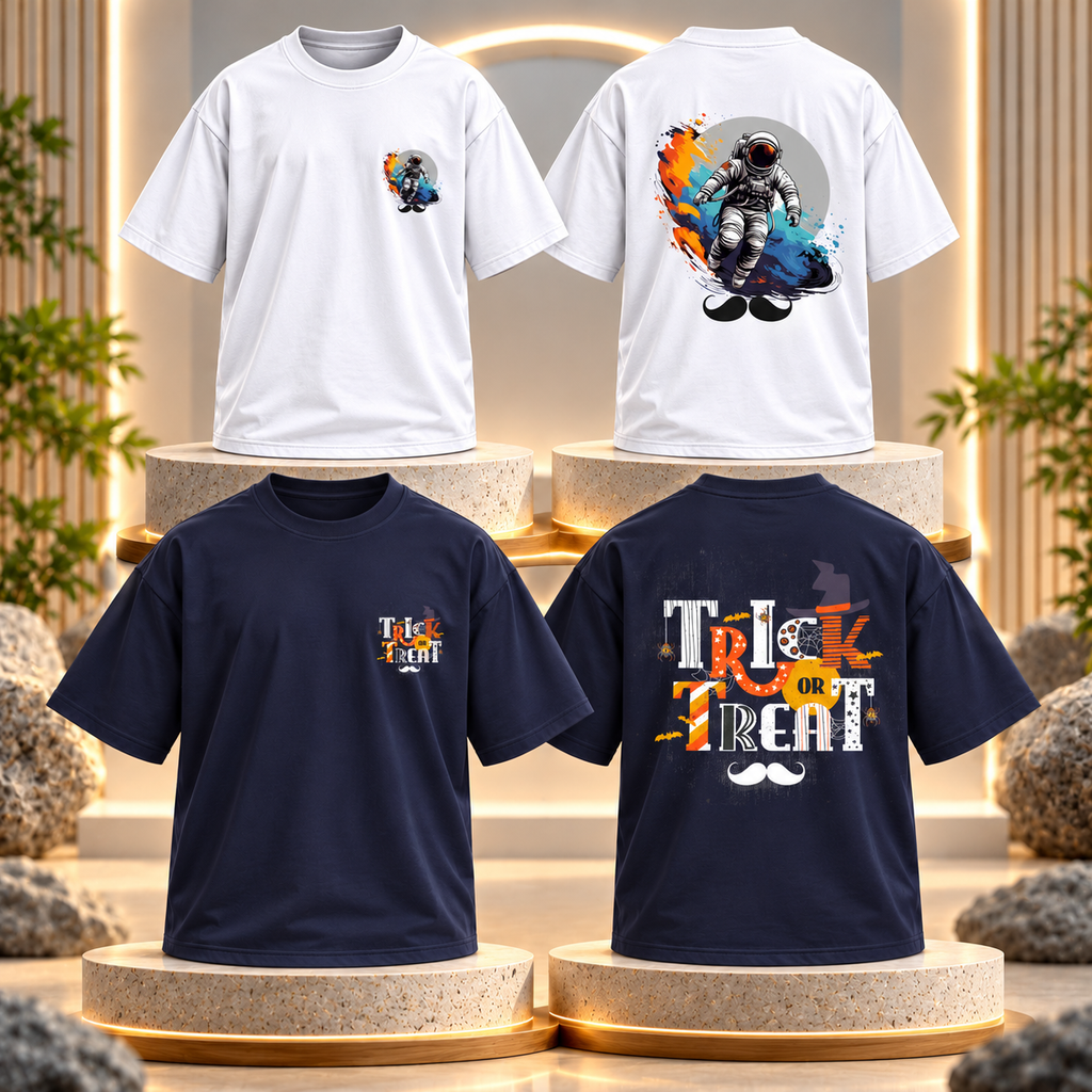 BHOKALS Men's Oversized Printed T-Shirt Combo Pack of 2 – White Astronaut & Blue Trick N Treat Graphic Tees