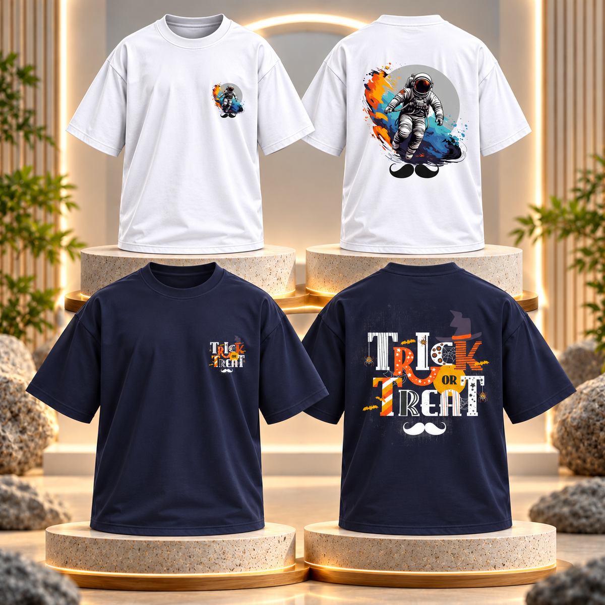 BHOKALS Men's Oversized Printed T-Shirt Combo Pack of 2 – White Astronaut & Blue Trick N Treat Graphic Tees