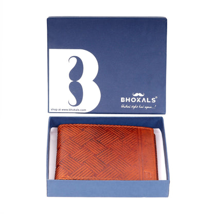 Premium Leather Bifold Wallet, Tan Brown, Geometric Embossed Pattern, Multiple Card Slots, Slim Design