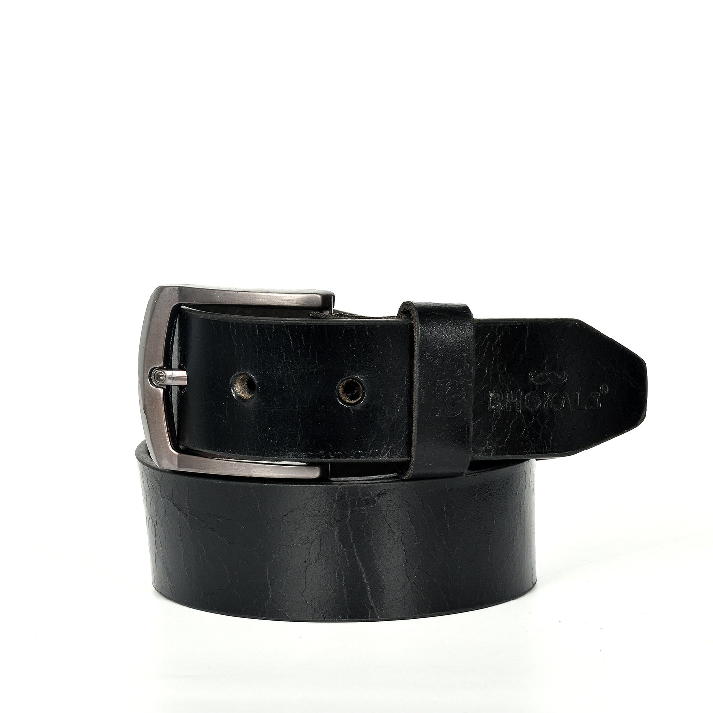 Bhokals Men Black Crunch Leather Belt