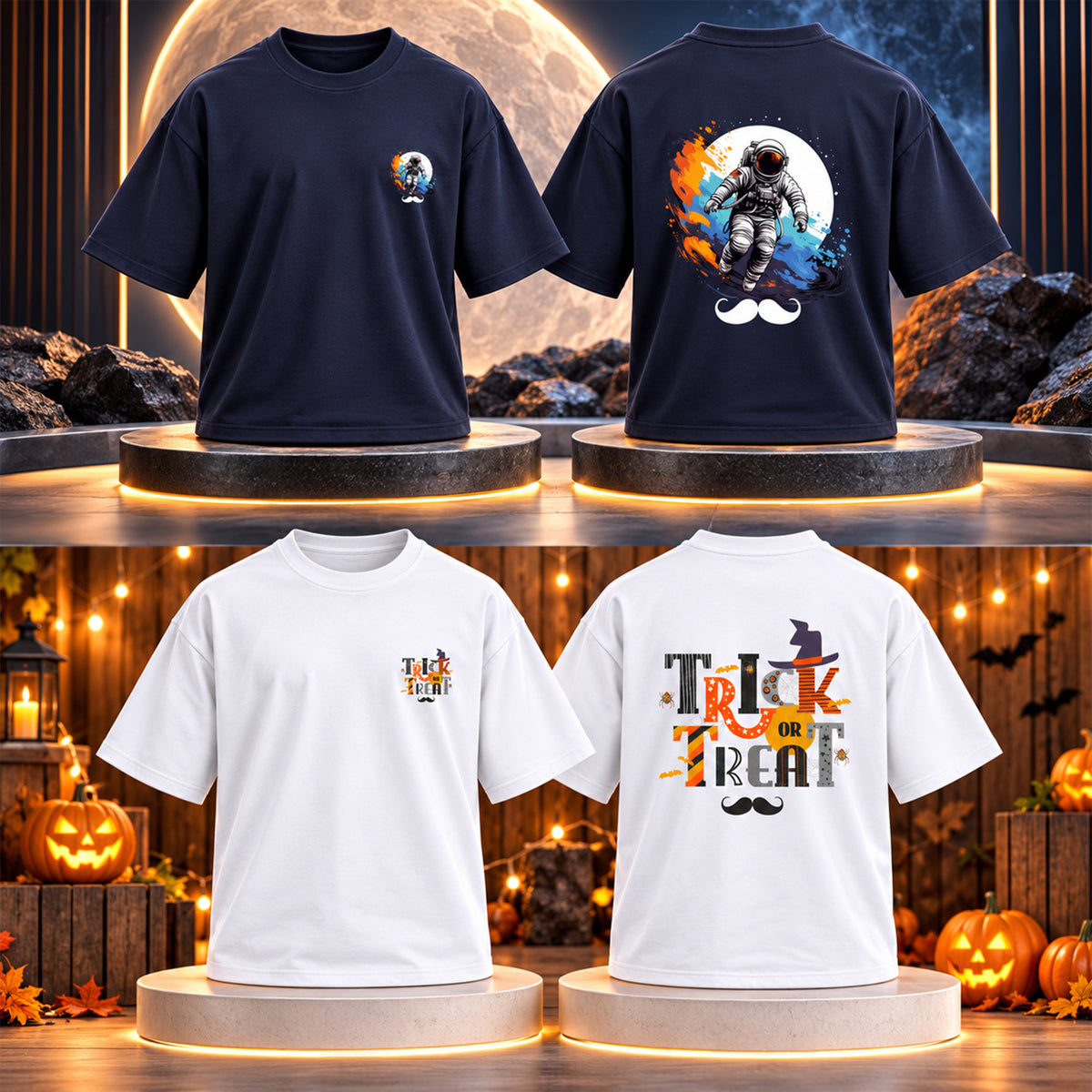 BHOKALS Men's Oversized Printed T-Shirt Combo Pack of 2 – Blue Astronaut & White Trick N Treat Graphic Tees