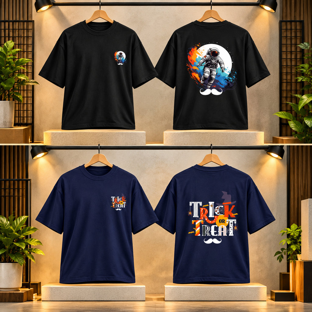 BHOKALS Men's Oversized Printed T-Shirt Combo Pack of 2 – Black Astronaut & Blue Trick N Treat Graphic Tees