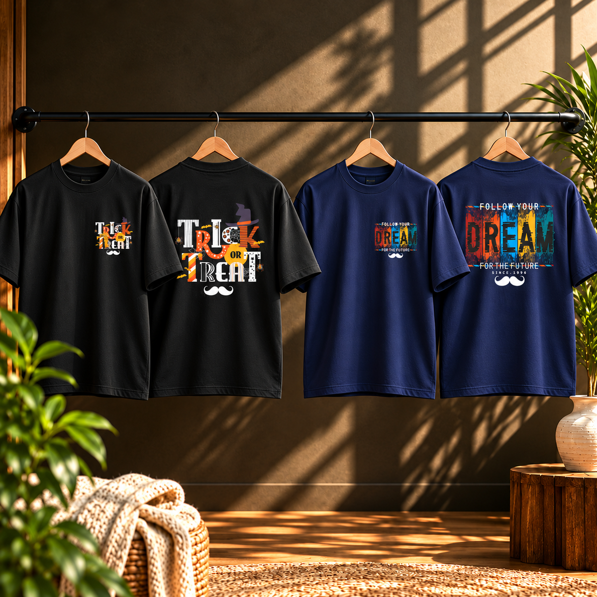 BHOKALS Men's Oversized Printed T-Shirt Combo Pack of 2 – Black Trick N Treat & Blue Dream Graphic Tees