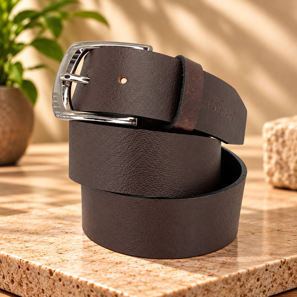 Bhokals Men Chocolate Brown Grain Leather Belt