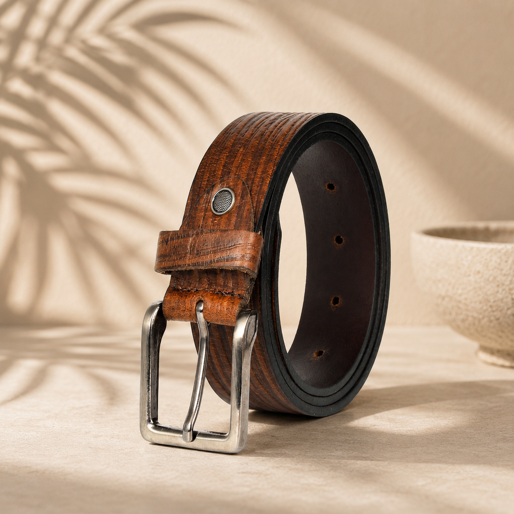 Bhokals Men Brown Wood Texture Leather Belt