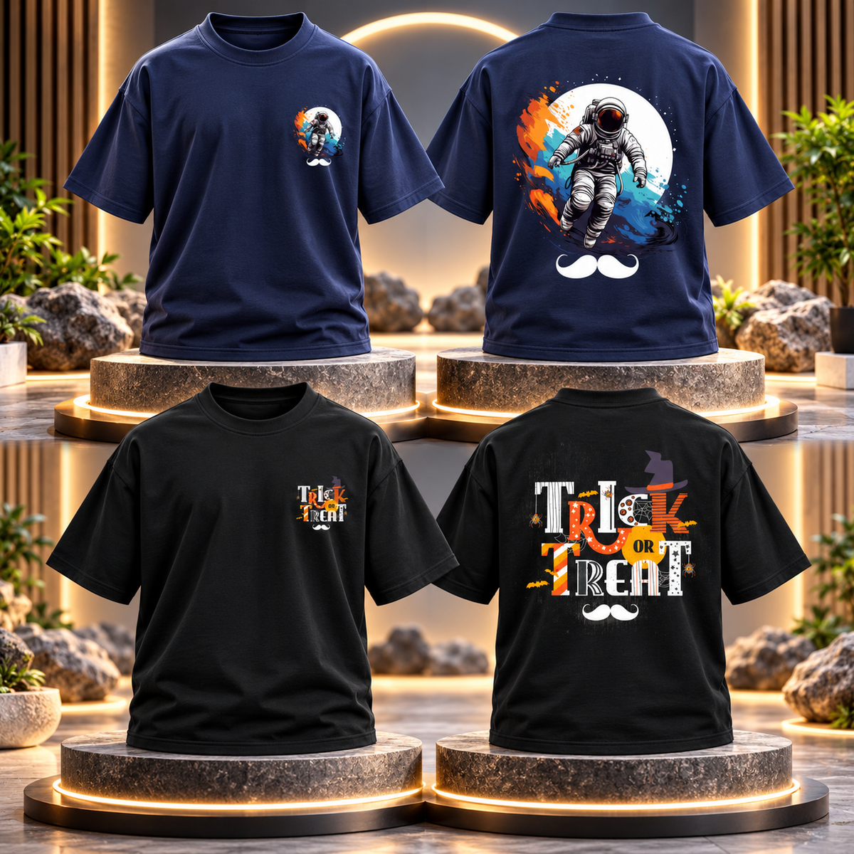 BHOKALS Men's Oversized Printed T-Shirt Combo Pack of 2 – Blue Astronaut & Black Trick N Treat Graphic Tees