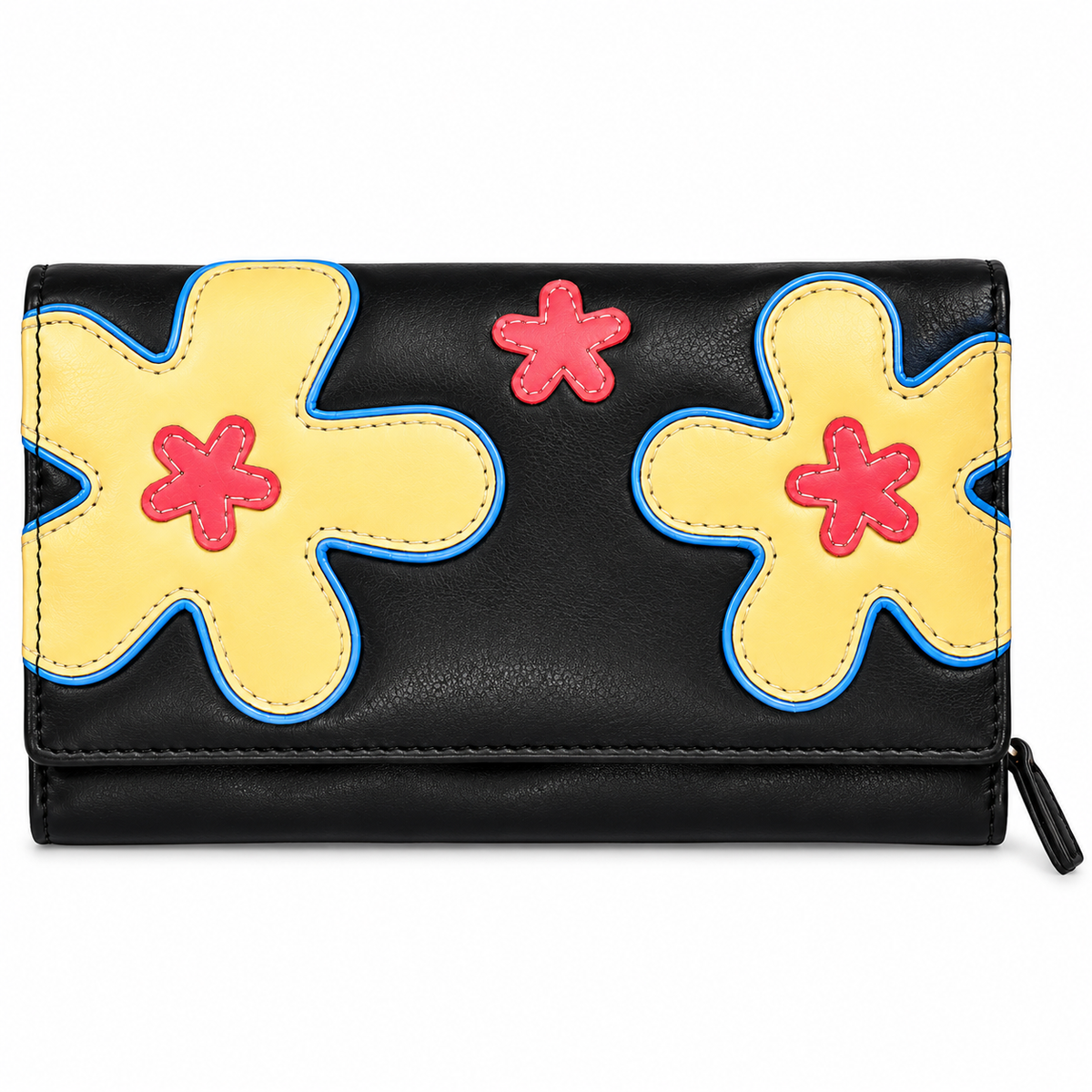Leather Solid Black Big Flower Women Wallet