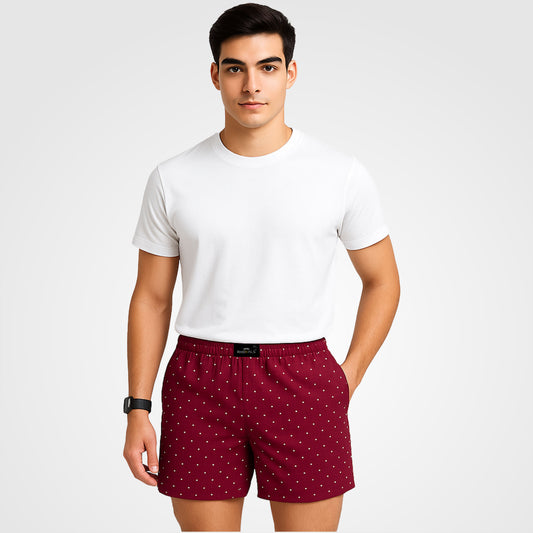 Maroon White Dotted Printed Cotton Boxer For Men