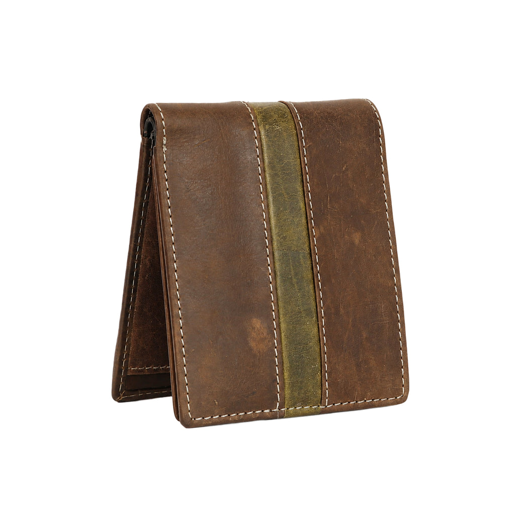 Leather Brown Green Strip Men Wallet