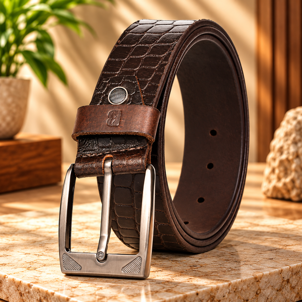Bhokals Men Brown Crocs Texture  Casual Leather Belt