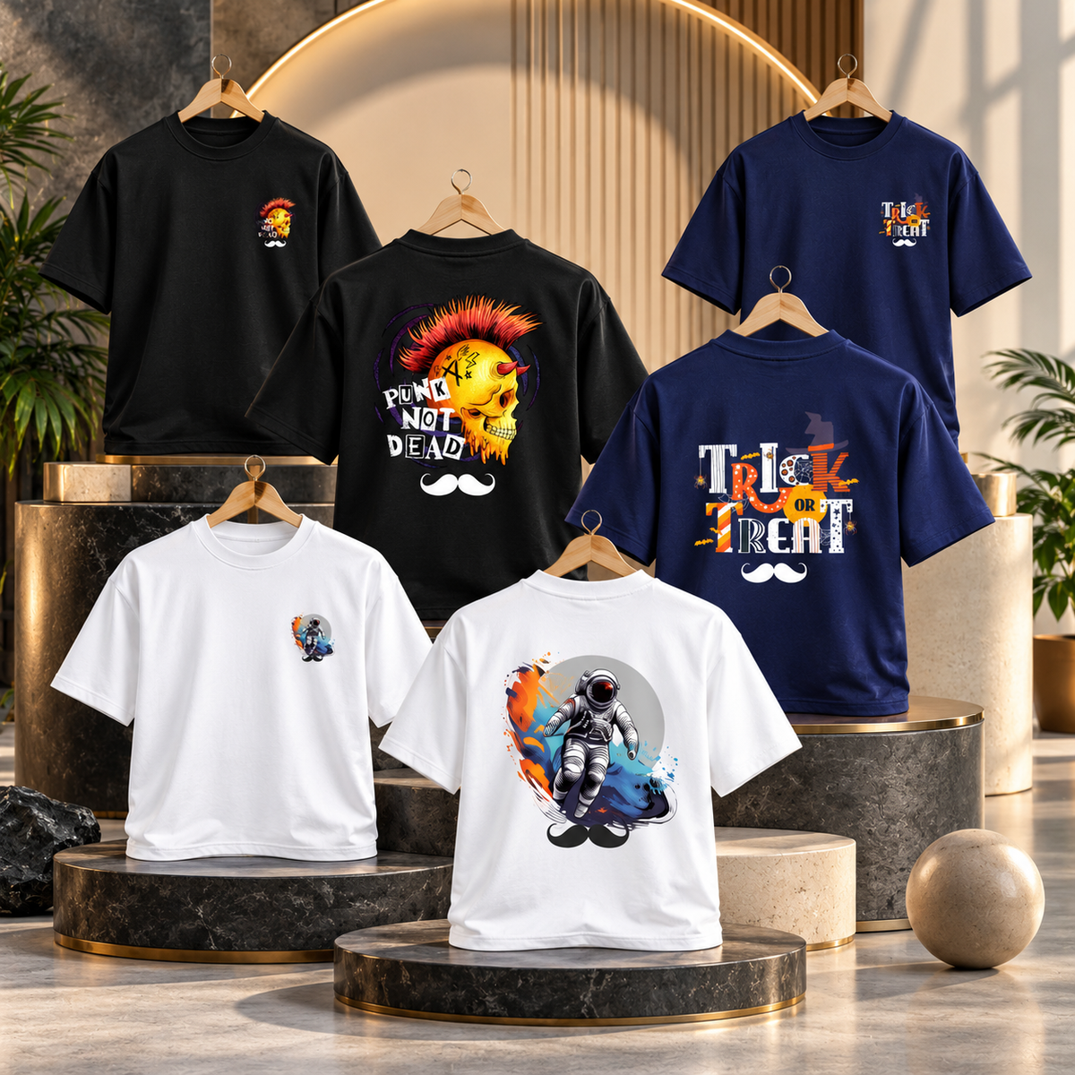 BHOKALS Men's Oversized Printed T-Shirt Combo Pack of 3 – Black Punk, Blue Trick N Treat & White Dream Graphic Tees