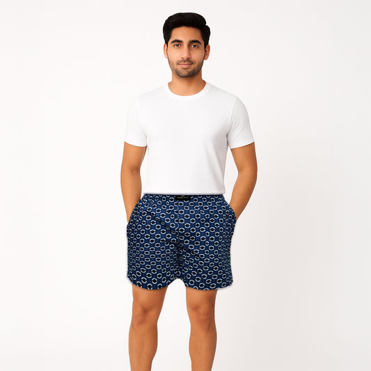 Blue White Black Circle Printed Cotton Boxer For Men