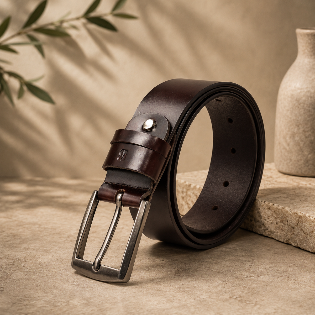 Bhokals Men Chocolate Brown Leather Belt