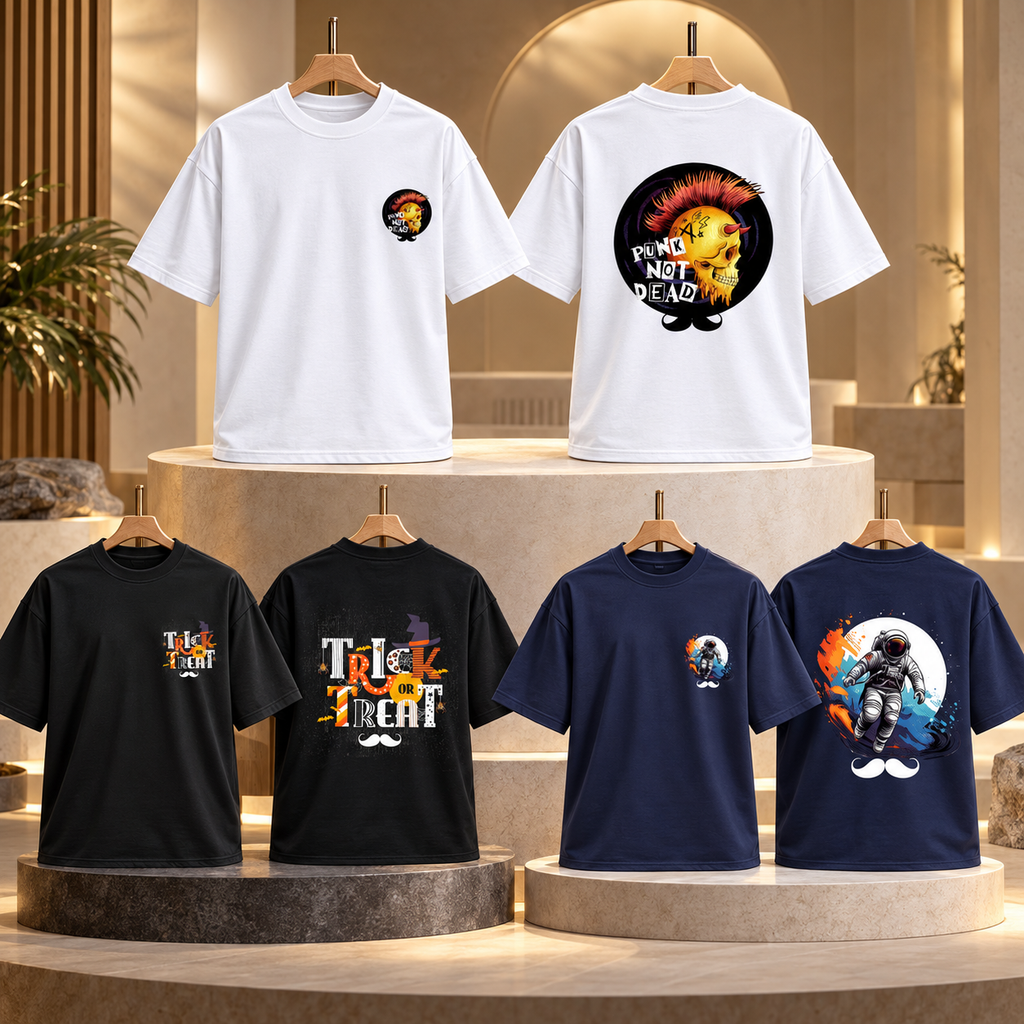 BHOKALS Men's Oversized Printed T-Shirt Combo Pack of 3 – White Punk, Black Trick N Treat & Blue Astronaut Graphic Tees