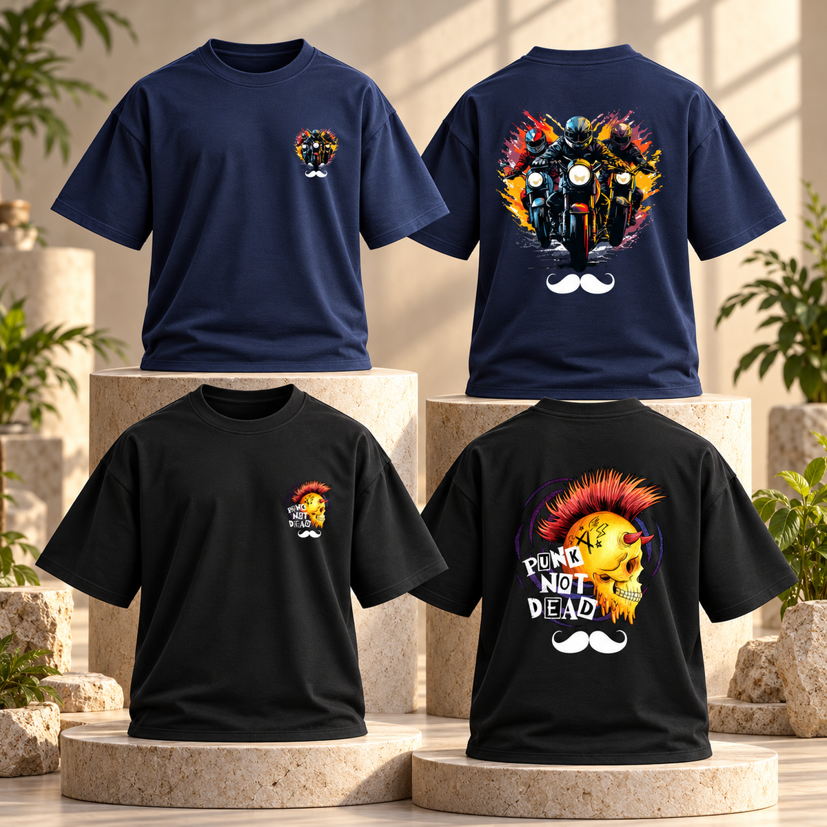 BHOKALS Men's Oversized Printed T-Shirt Combo Pack of 2 – Blue Biker & Black Punk Graphic Tees