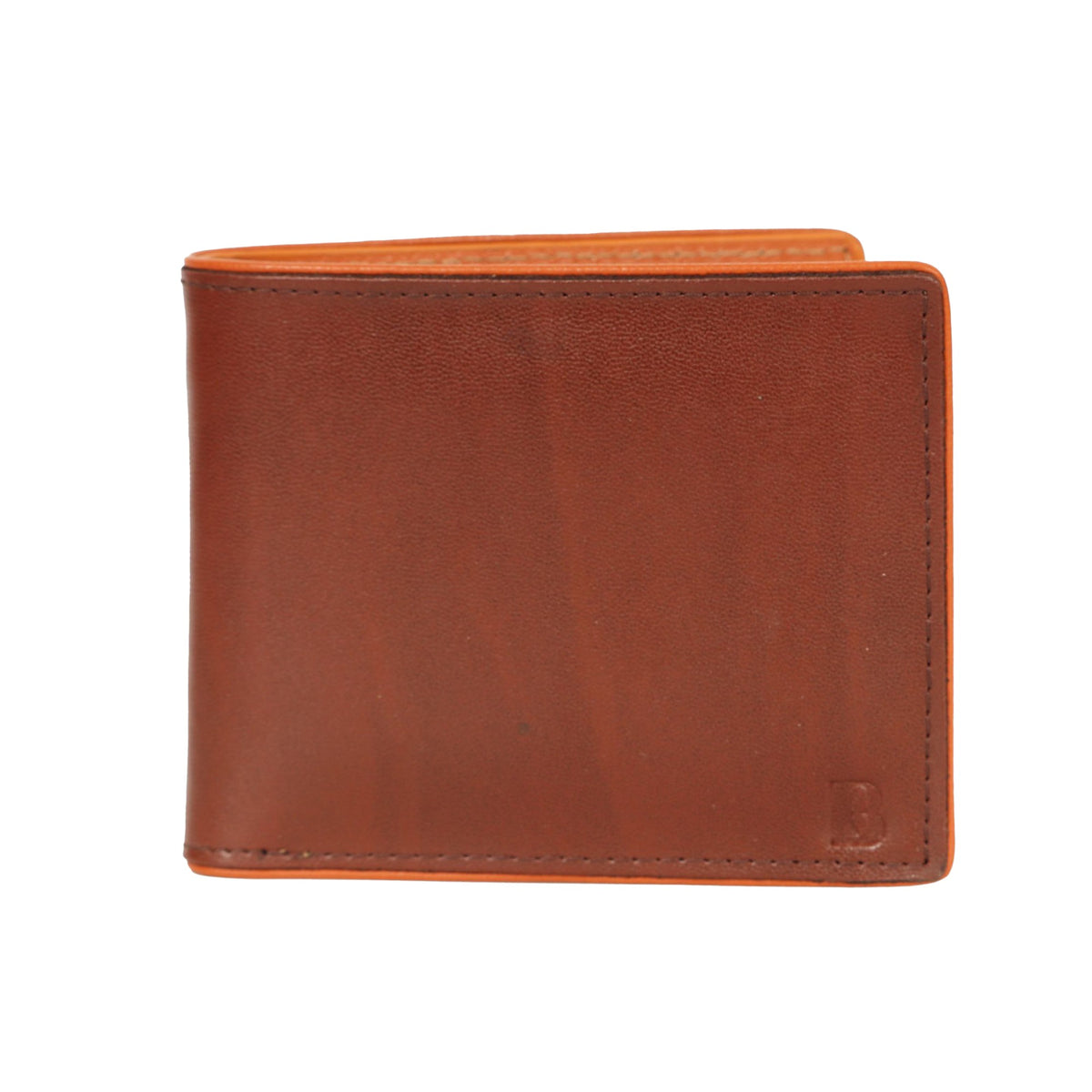 Leather Bifold Wallet, Brown with Orange Interior, Multiple Card Slots, ID Window, Classic Design