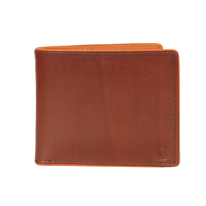 Leather Bifold Wallet, Brown with Orange Interior, Multiple Card Slots, ID Window, Classic Design