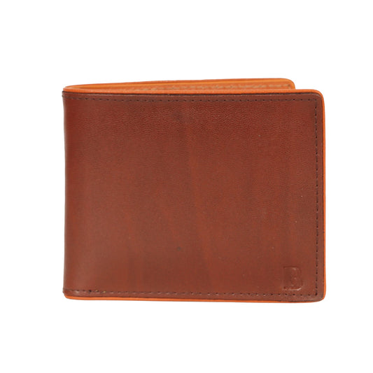 Leather Bifold Wallet, Brown with Orange Interior, Multiple Card Slots, ID Window, Classic Design