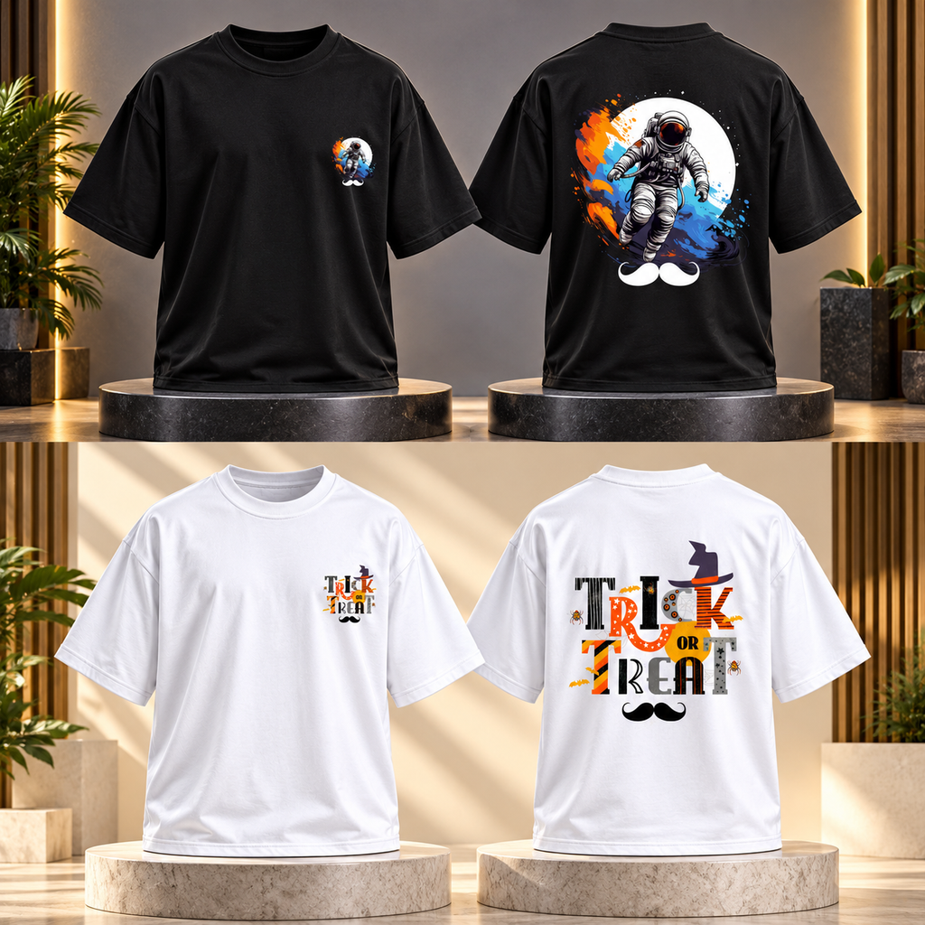 BHOKALS Men's Oversized Printed T-Shirt Combo Pack of 2 – Black Astronaut & White Trick N Treat Graphic Tees