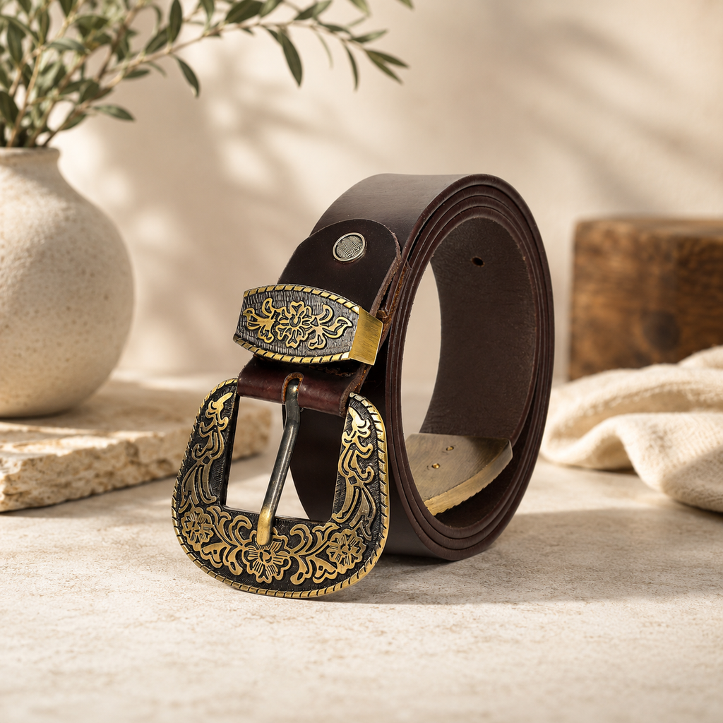 Bhokals Maharaja Men  Golden Buckle Brown Leather Belt