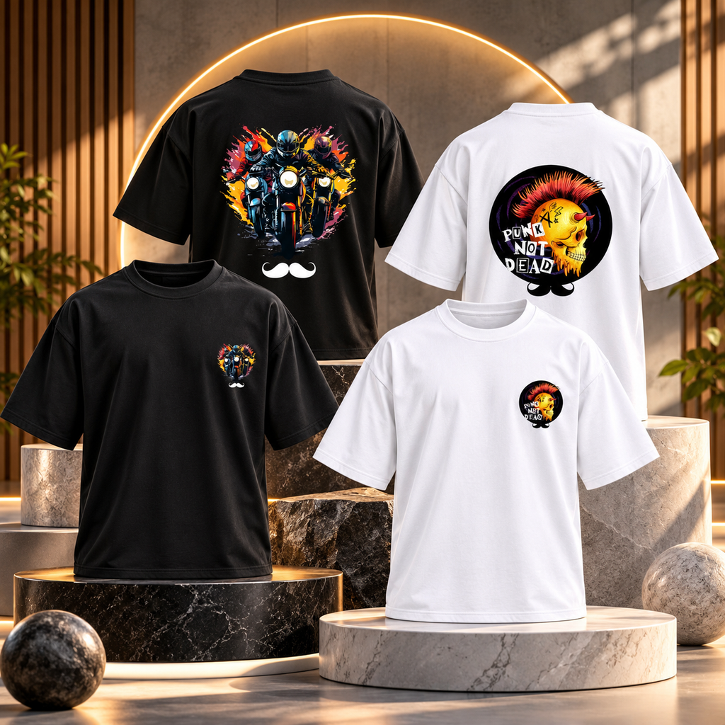 BHOKALS Men's Oversized Printed T-Shirt Combo Pack of 2 – Black Biker & White Punk Graphic Tees