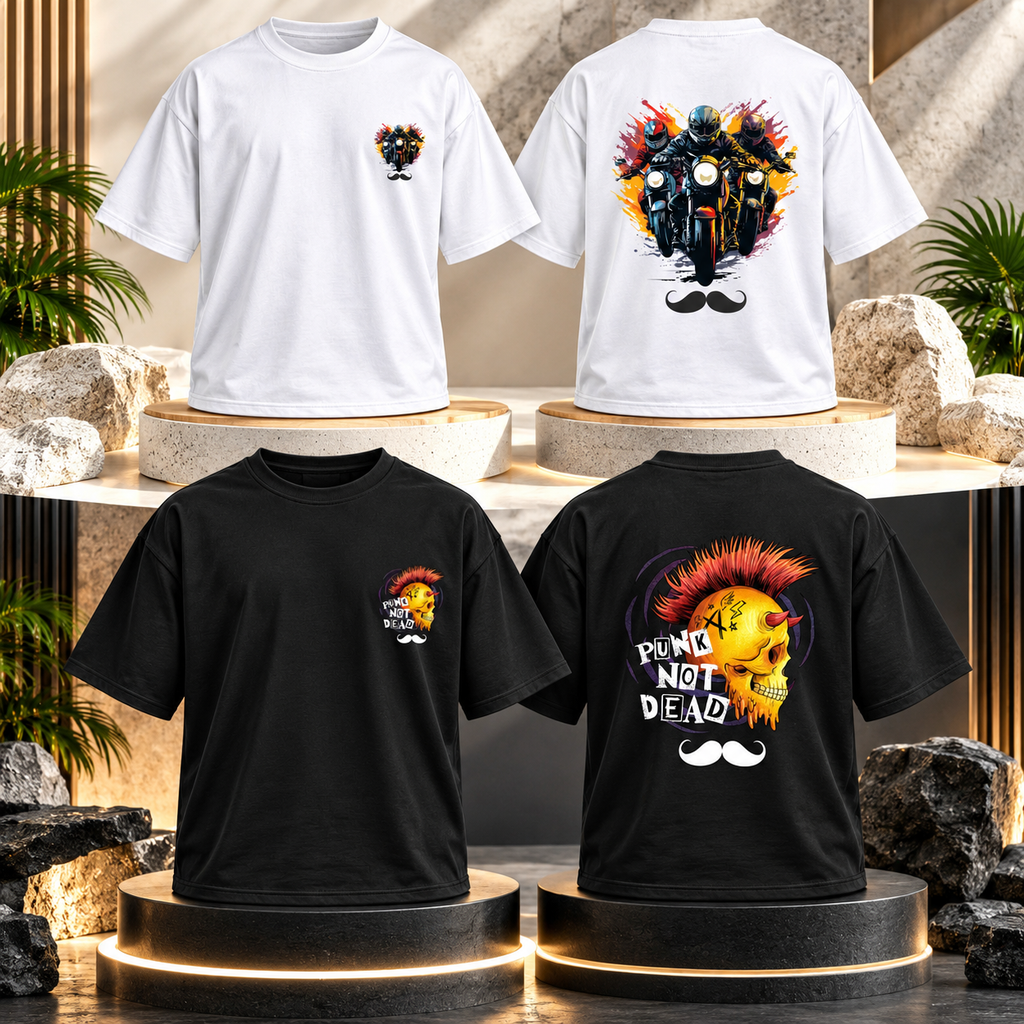 BHOKALS Men's Oversized Printed T-Shirt Combo Pack of 2 – White Biker & Black Punk Graphic Tees