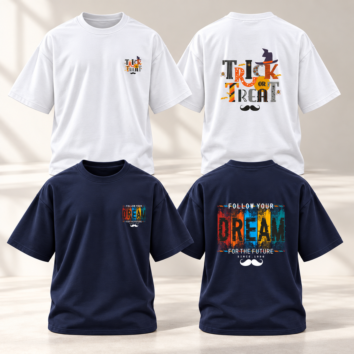 BHOKALS Men's Oversized Printed T-Shirt Combo Pack of 2 – White Trick N Treat & Blue Dream Graphic Tees