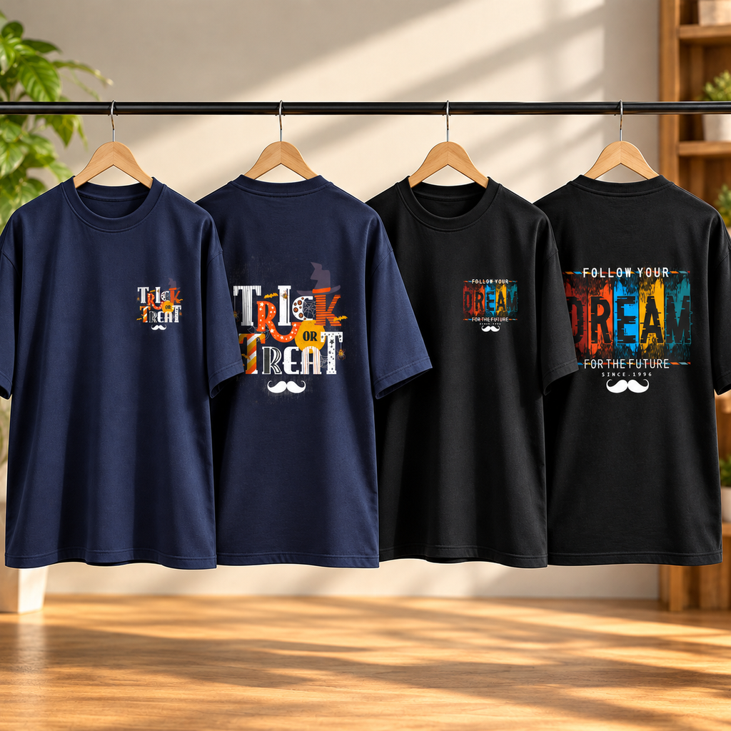 BHOKALS Men's Oversized Printed T-Shirt Combo Pack of 2 – Blue Trick N Treat & Black Dream Graphic Tees