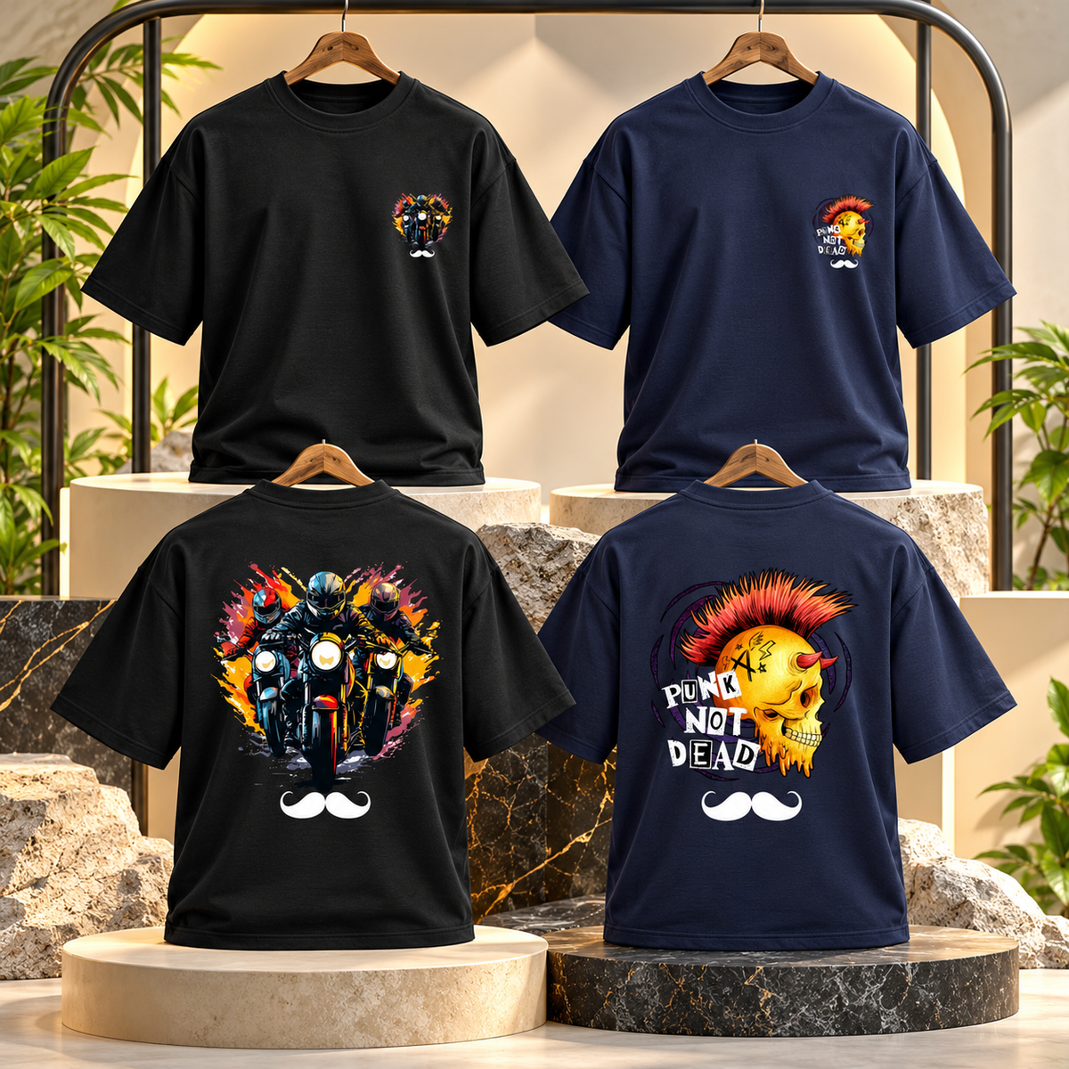 BHOKALS Men's Oversized Printed T-Shirt Combo Pack of 2 – Black Biker & Blue Punk Graphic Tees