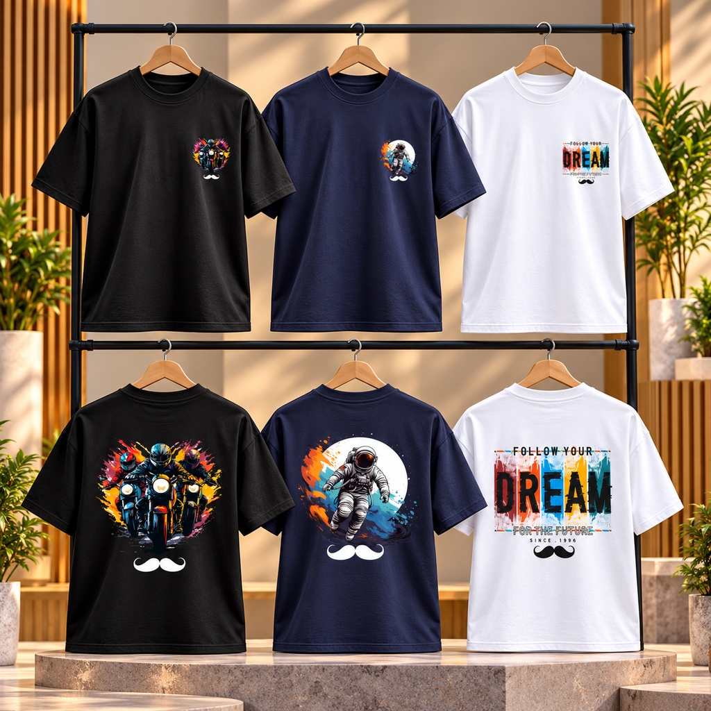 BHOKALS Men's Oversized Printed T-Shirt Combo Pack of 3 – Black Biker, Blue Astronaut & White Dream Graphic Tees