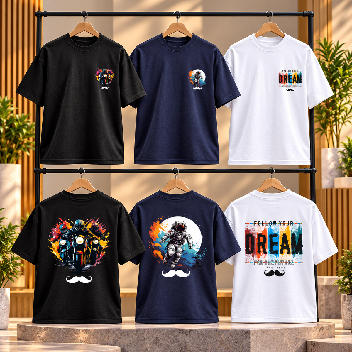 BHOKALS Men's Oversized Printed T-Shirt Combo Pack of 3 – Black Biker, Blue Astronaut & White Dream Graphic Tees