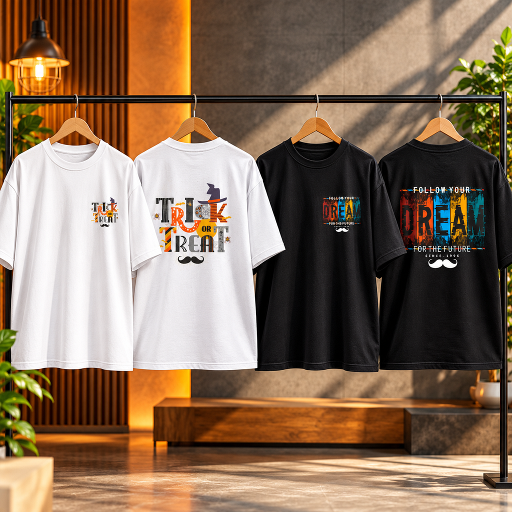 BHOKALS Men's Oversized Printed T-Shirt Combo Pack of 2 – White Trick N Treat & Black Dream Graphic Tees
