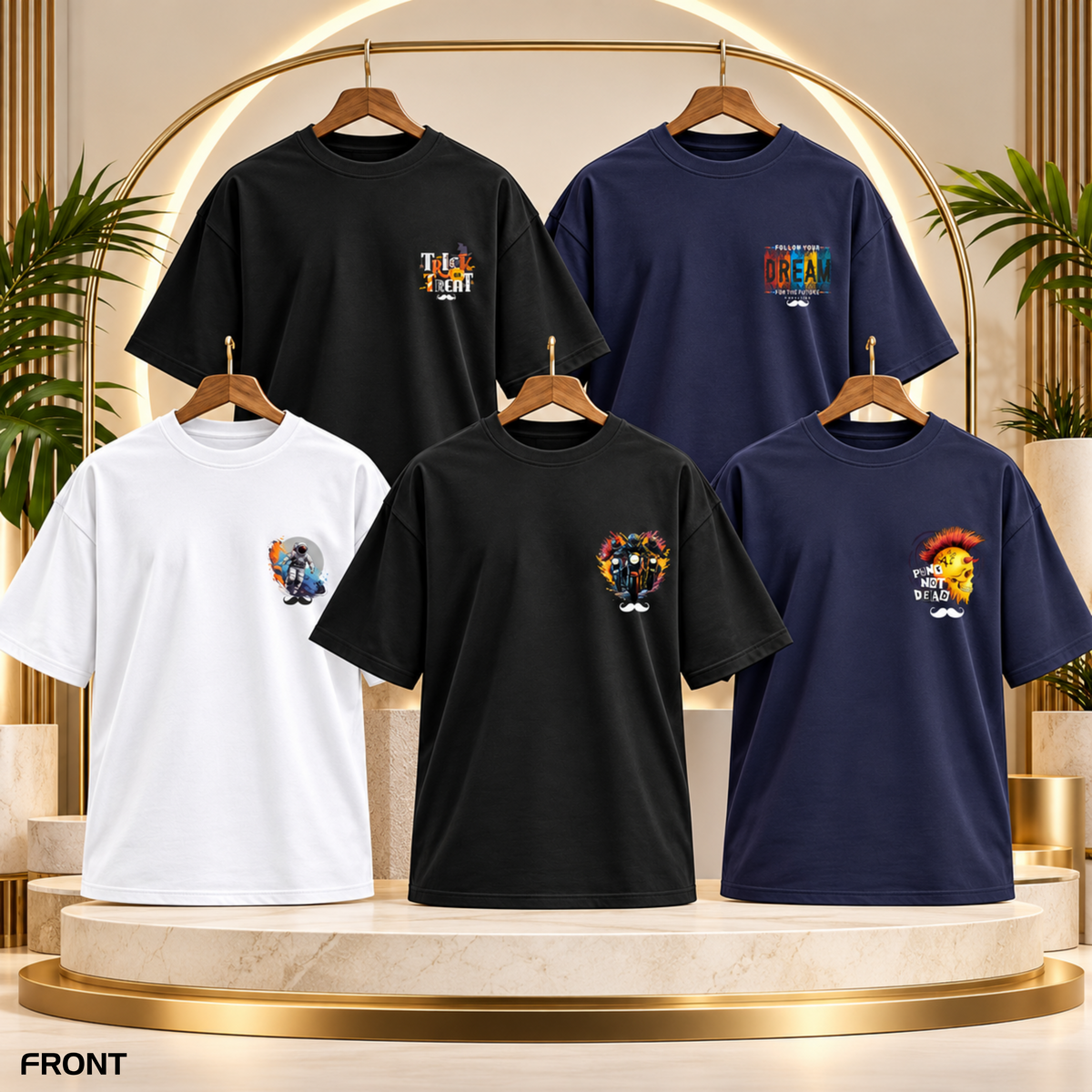 BHOKALS Men's Oversized Printed T-Shirt Combo Pack of 5 – Black Trick N Treat, Blue Dream, White Astronaut, Black Biker & Blue Punk Graphic Tees