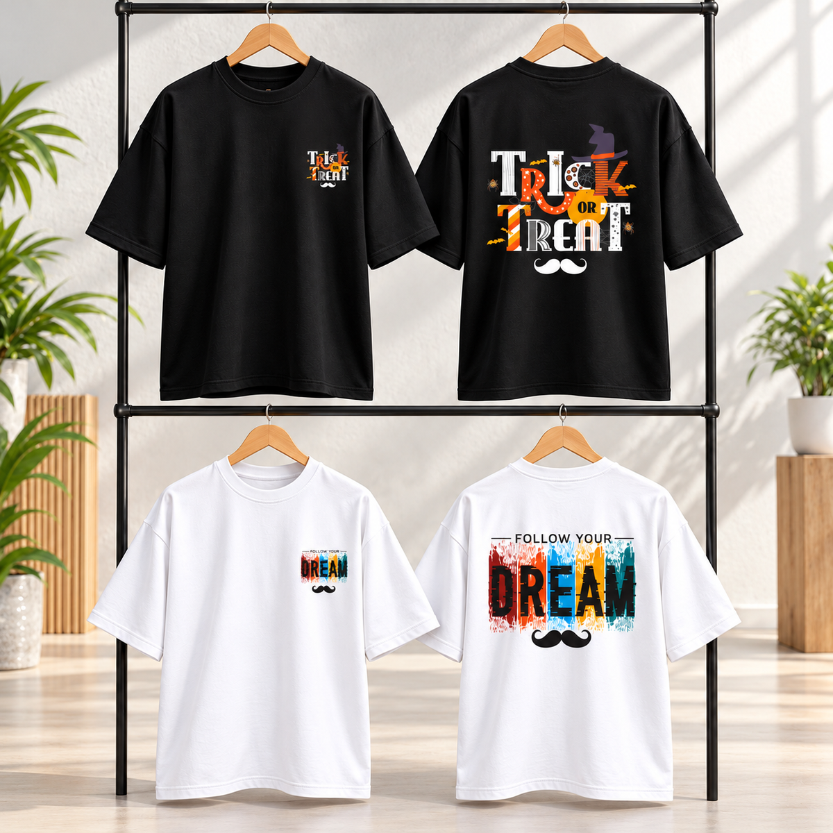 BHOKALS Men's Oversized Printed T-Shirt Combo Pack of 2 – Black Trick N Treat & White Dream Graphic Tees