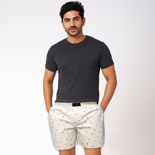 Cream Tree Printed Cotton Boxer For Men