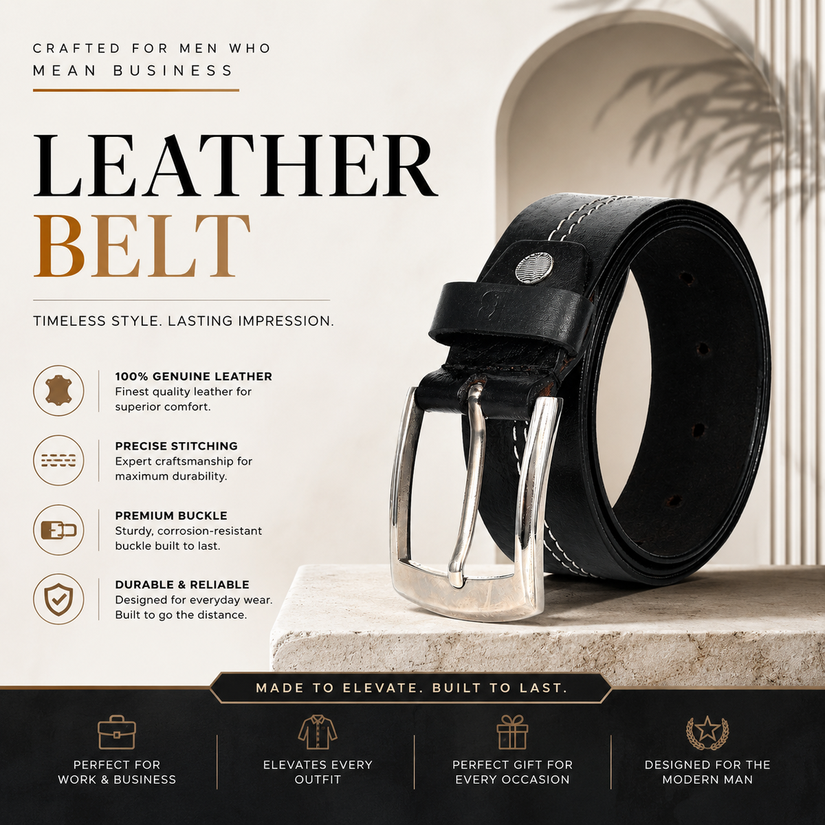 Men Black Middle Thread Leather Belt