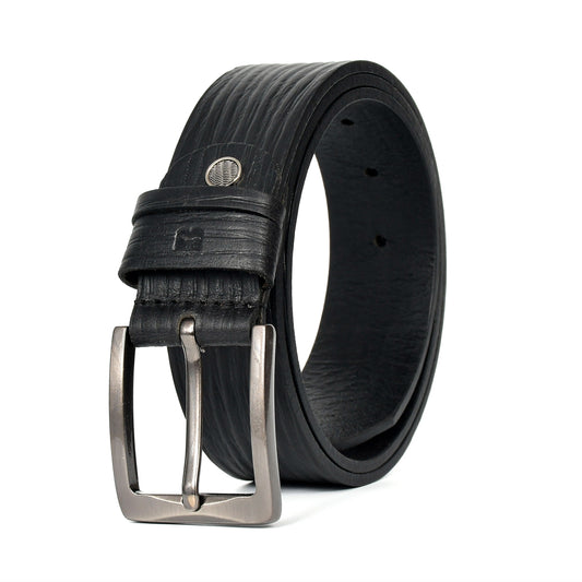 Bhokals Men Black  Wood Texture Leather Belt