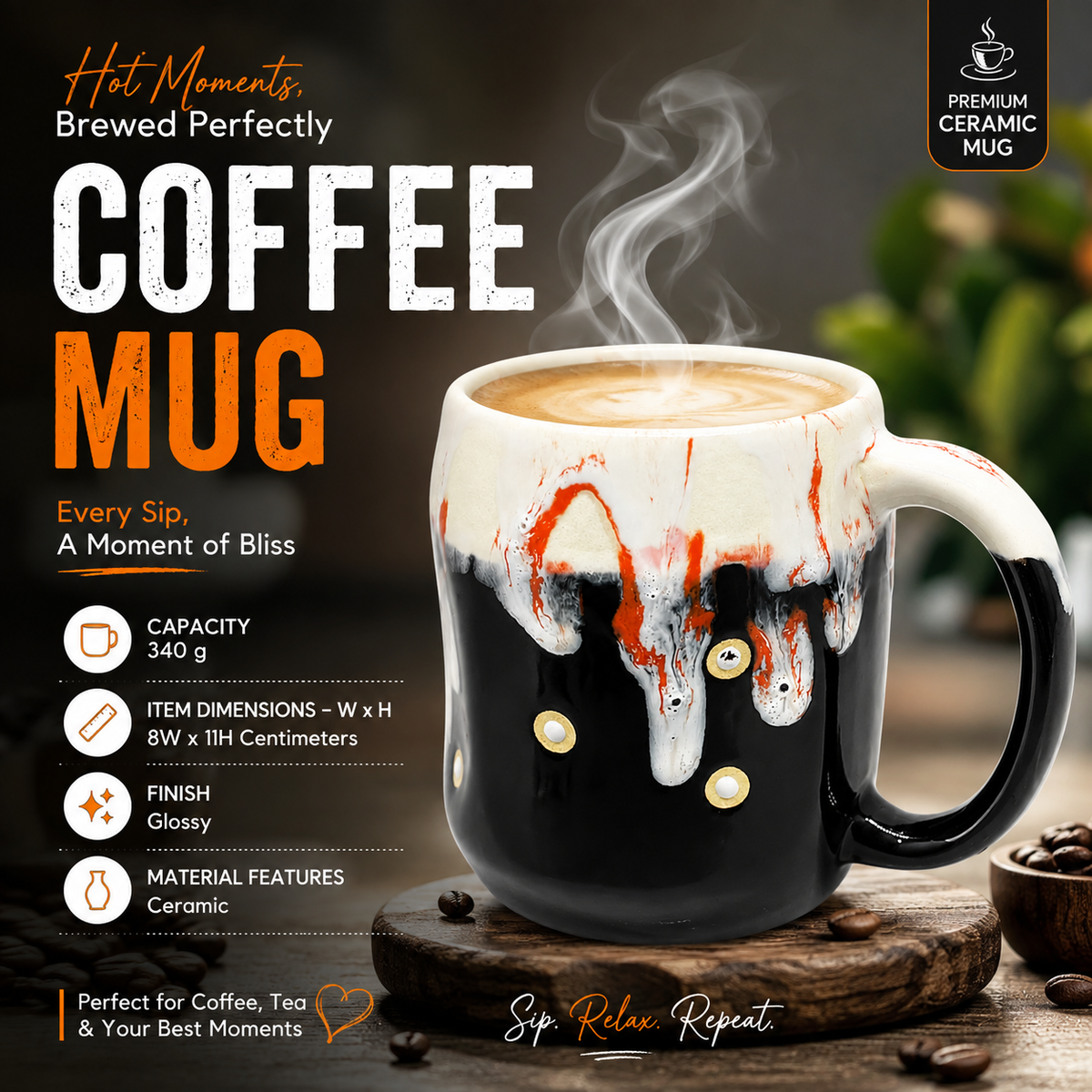 Bhokals Big Dots Print Black Coffee Mug