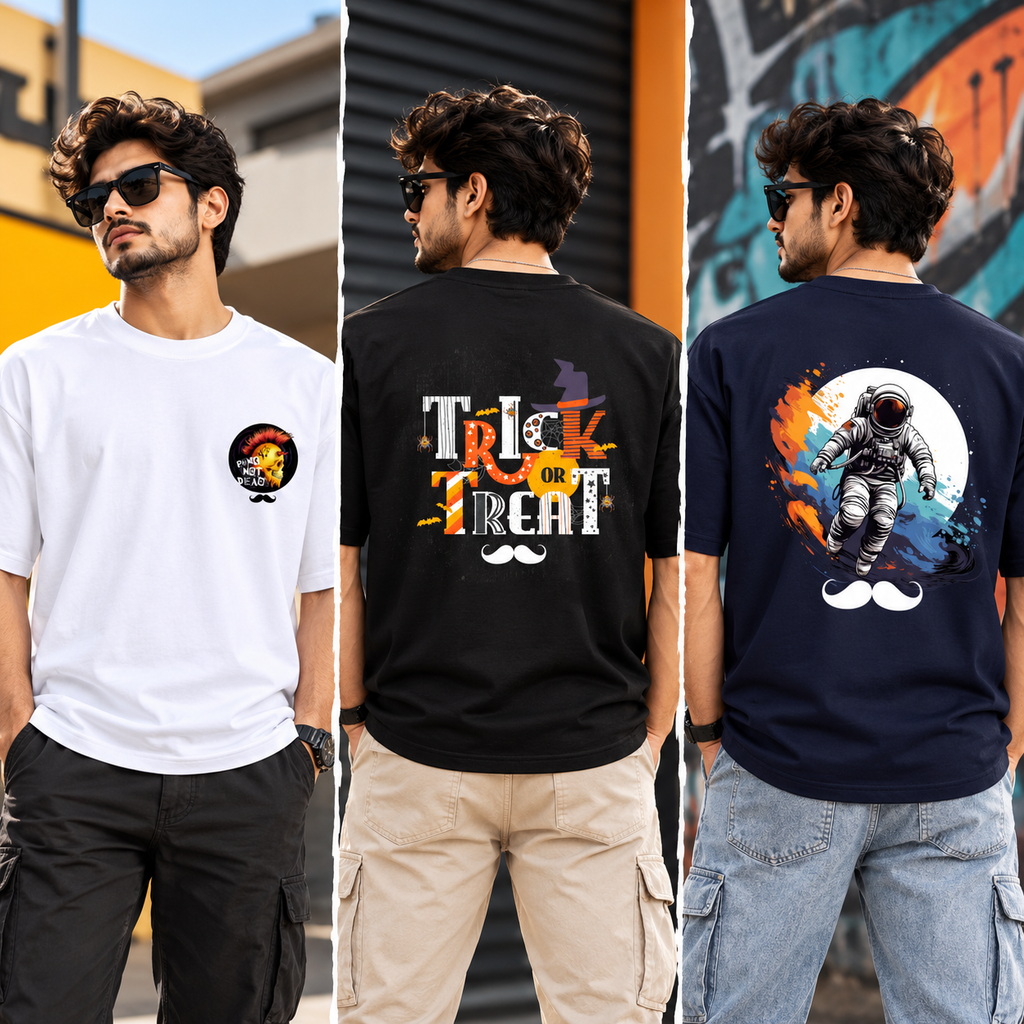 BHOKALS Men's Oversized Printed T-Shirt Combo Pack of 3 – White Punk, Black Trick N Treat & Blue Astronaut Graphic Tees