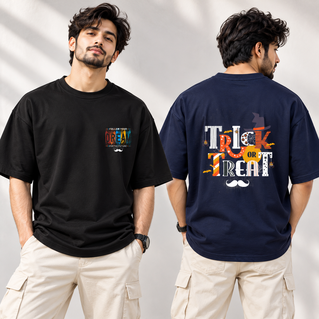 BHOKALS Men's Oversized Printed T-Shirt Combo Pack of 2 – Blue Trick N Treat & Black Dream Graphic Tees