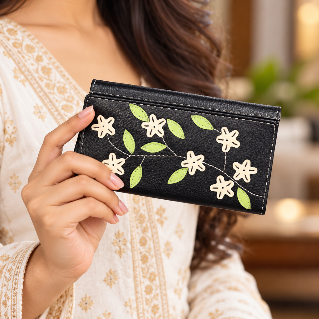 Leather Black Cream Flower Women Wallet