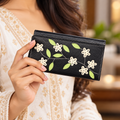 Leather Black Cream Flower Women Wallet
