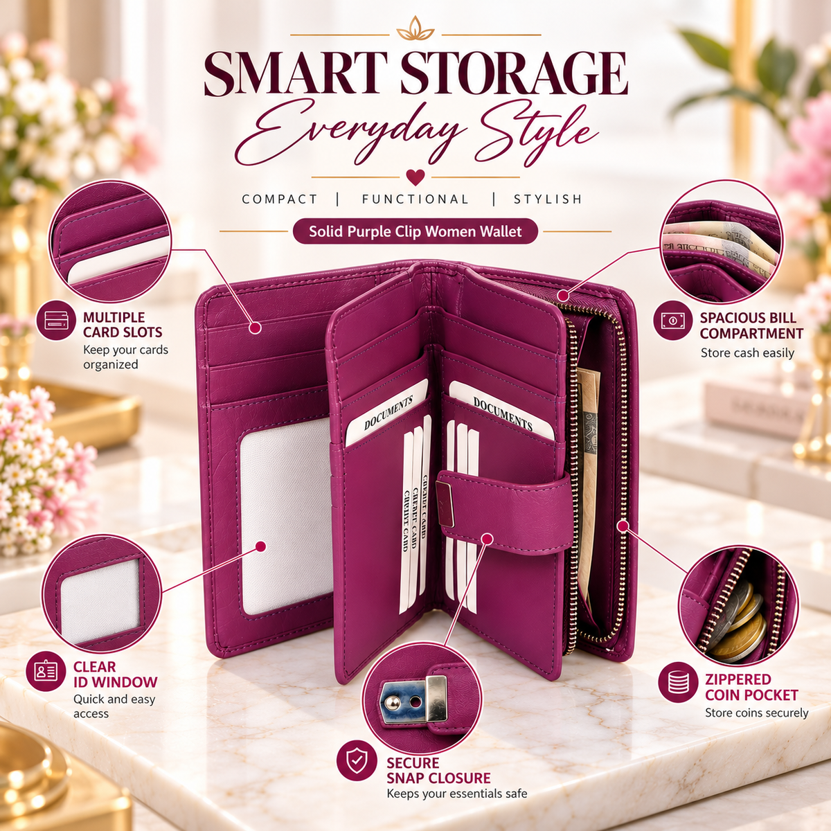 Leather Solid Purple Clip Women Wallet